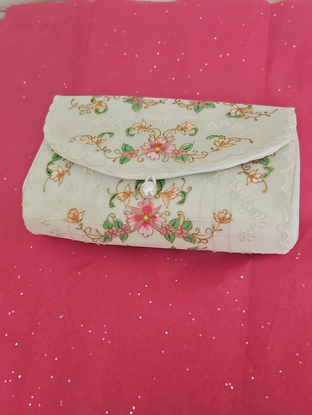 Clutch Bag From The Philippines White Pearl Flowers Pink Green NWOT